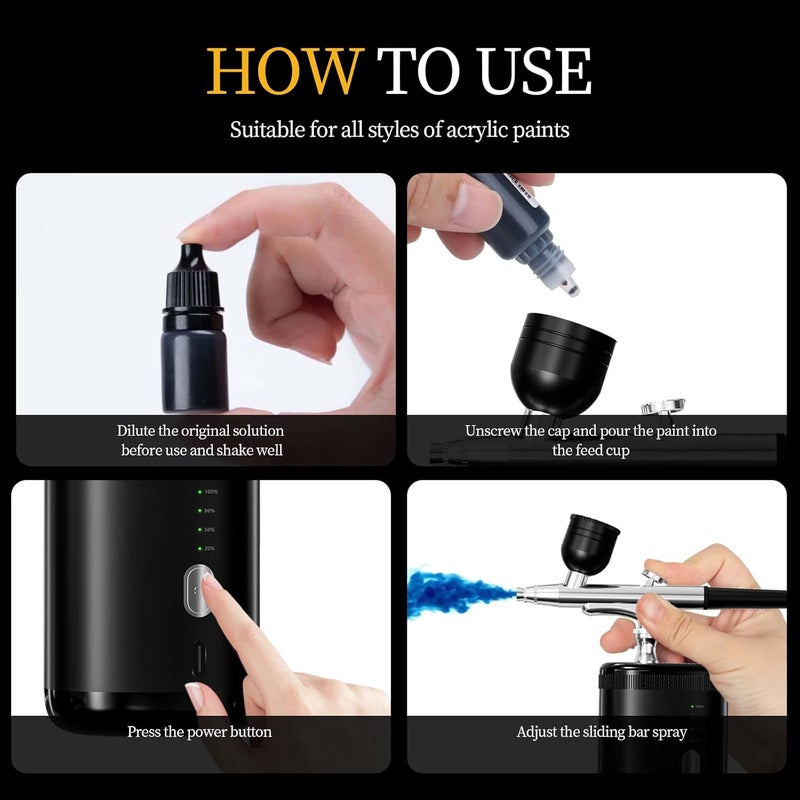 CBVCBV Airbrush kit: Handheld Spray Paint Gun with 0.3/0.5mm Nozzle, Rechargeable Cordless Spray Gun Sets Suitable:air Brush for Nails, Art, Color Spraying,Model,Creative Painting,（Black with Display Light） - Image 4